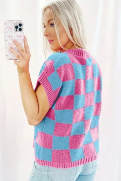 Sale Dear-Lover Colorblock Plaid Pattern Ribbed Trim Sweater Tank Top Sachet Pink