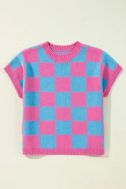 Sale Dear-Lover Colorblock Plaid Pattern Ribbed Trim Sweater Tank Top Sachet Pink