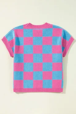 Sale Dear-Lover Colorblock Plaid Pattern Ribbed Trim Sweater Tank Top Sachet Pink