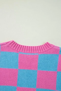 Sale Dear-Lover Colorblock Plaid Pattern Ribbed Trim Sweater Tank Top Sachet Pink