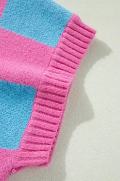 Sale Dear-Lover Colorblock Plaid Pattern Ribbed Trim Sweater Tank Top Sachet Pink