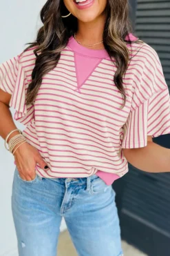 Outlet Dear-Lover Contrast Detail Striped Ruffle Short Sleeve Top Sachet Pink