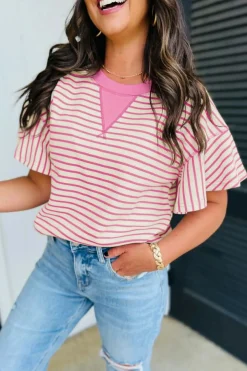 Outlet Dear-Lover Contrast Detail Striped Ruffle Short Sleeve Top Sachet Pink