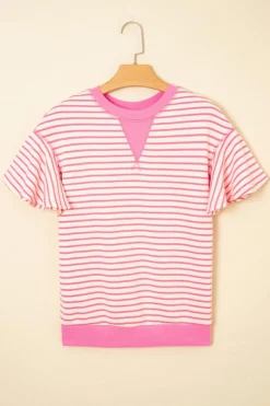 Outlet Dear-Lover Contrast Detail Striped Ruffle Short Sleeve Top Sachet Pink