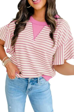 Outlet Dear-Lover Contrast Detail Striped Ruffle Short Sleeve Top Sachet Pink