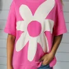 Online Dear-Lover Contrast Flower Drop Shoulder Loose T Shirt Sachet Pink