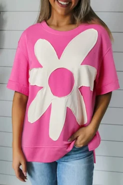Online Dear-Lover Contrast Flower Drop Shoulder Loose T Shirt Sachet Pink