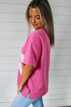 Online Dear-Lover Contrast Flower Drop Shoulder Loose T Shirt Sachet Pink