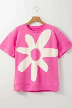 Online Dear-Lover Contrast Flower Drop Shoulder Loose T Shirt Sachet Pink