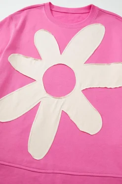 Online Dear-Lover Contrast Flower Drop Shoulder Loose T Shirt Sachet Pink