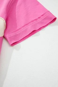 Online Dear-Lover Contrast Flower Drop Shoulder Loose T Shirt Sachet Pink