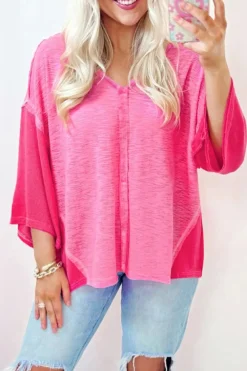 New Dear-Lover Contrast Patchwork 3/4 Sleeve V Neck Loose Blouse Sachet Pink