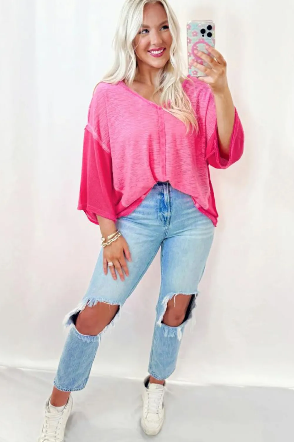 New Dear-Lover Contrast Patchwork 3/4 Sleeve V Neck Loose Blouse Sachet Pink