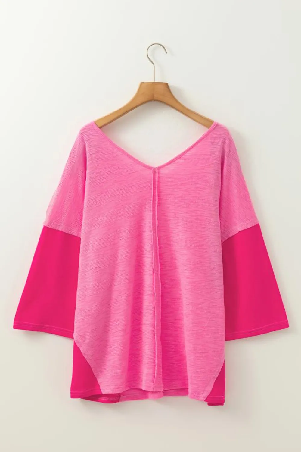 New Dear-Lover Contrast Patchwork 3/4 Sleeve V Neck Loose Blouse Sachet Pink