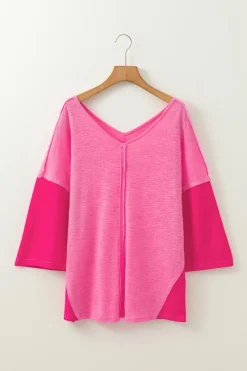 New Dear-Lover Contrast Patchwork 3/4 Sleeve V Neck Loose Blouse Sachet Pink
