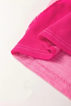 New Dear-Lover Contrast Patchwork 3/4 Sleeve V Neck Loose Blouse Sachet Pink