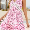 Fashion Dear-Lover Elegant Printed Cutout Lace V-Neck Sleeveless Dress Sachet Pink