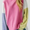 New Dear-Lover Exposed Seam Striped Color Block Patchwork Long Sleeve Top Sachet Pink