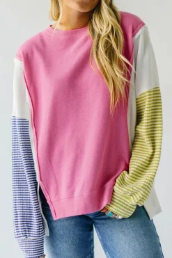 New Dear-Lover Exposed Seam Striped Color Block Patchwork Long Sleeve Top Sachet Pink