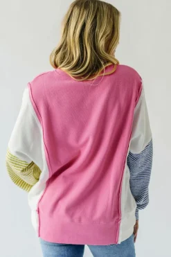 New Dear-Lover Exposed Seam Striped Color Block Patchwork Long Sleeve Top Sachet Pink