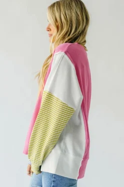 New Dear-Lover Exposed Seam Striped Color Block Patchwork Long Sleeve Top Sachet Pink