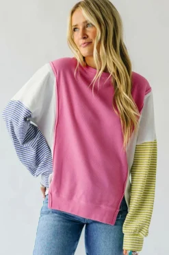 New Dear-Lover Exposed Seam Striped Color Block Patchwork Long Sleeve Top Sachet Pink