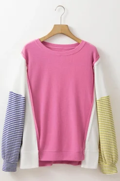 New Dear-Lover Exposed Seam Striped Color Block Patchwork Long Sleeve Top Sachet Pink