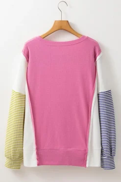 New Dear-Lover Exposed Seam Striped Color Block Patchwork Long Sleeve Top Sachet Pink