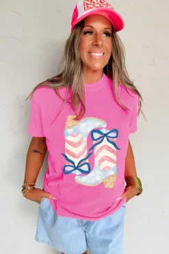 Online Dear-Lover Flag Pattern Boots Bow Accent Casual Graphic Tee Sachet Pink