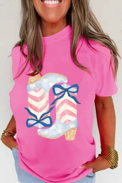Online Dear-Lover Flag Pattern Boots Bow Accent Casual Graphic Tee Sachet Pink