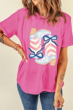 Online Dear-Lover Flag Pattern Boots Bow Accent Casual Graphic Tee Sachet Pink