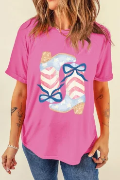 Online Dear-Lover Flag Pattern Boots Bow Accent Casual Graphic Tee Sachet Pink
