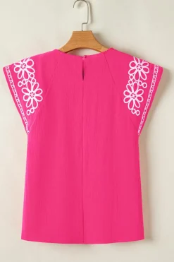 Best Dear-Lover Floral Embroidered Flutter Sleeve Pleated Neck Blouse Sachet Pink