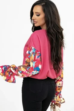 Outlet Dear-Lover Flower Patchwork Ruffled Sleeve Ribbed Knit Drop Shoulder Top Sachet Pink