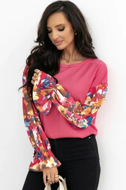 Outlet Dear-Lover Flower Patchwork Ruffled Sleeve Ribbed Knit Drop Shoulder Top Sachet Pink