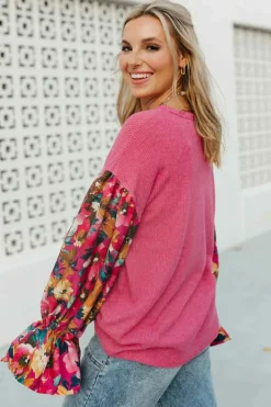 Outlet Dear-Lover Flower Patchwork Ruffled Sleeve Ribbed Knit Drop Shoulder Top Sachet Pink
