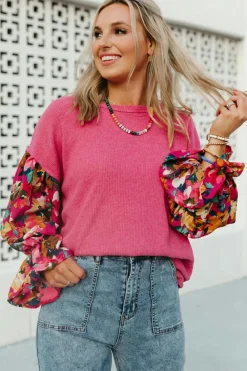 Outlet Dear-Lover Flower Patchwork Ruffled Sleeve Ribbed Knit Drop Shoulder Top Sachet Pink