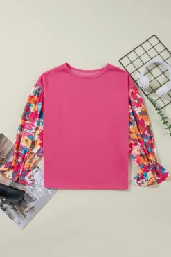 Outlet Dear-Lover Flower Patchwork Ruffled Sleeve Ribbed Knit Drop Shoulder Top Sachet Pink