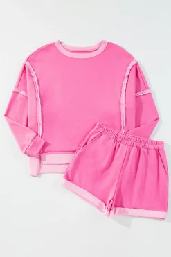 Fashion Dear-Lover High Low Patchwork Long Sleeve Top and Shorts Set Sachet Pink