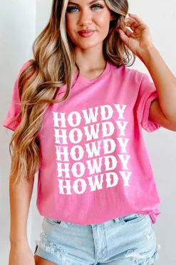 Fashion Dear-Lover HOWDY Graphic Western Crew Neck Tee Sachet Pink