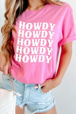 Fashion Dear-Lover HOWDY Graphic Western Crew Neck Tee Sachet Pink