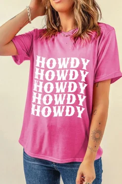 Fashion Dear-Lover HOWDY Graphic Western Crew Neck Tee Sachet Pink