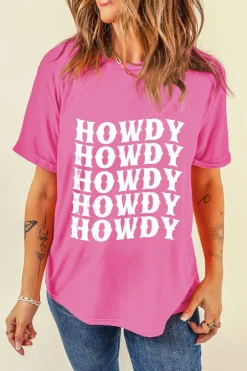 Fashion Dear-Lover HOWDY Graphic Western Crew Neck Tee Sachet Pink