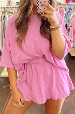 Hot Dear-Lover Loose Fit Half Sleeve T Shirt and High Waist Skirt Set Sachet Pink