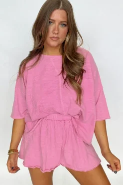 Hot Dear-Lover Loose Fit Half Sleeve T Shirt and High Waist Skirt Set Sachet Pink