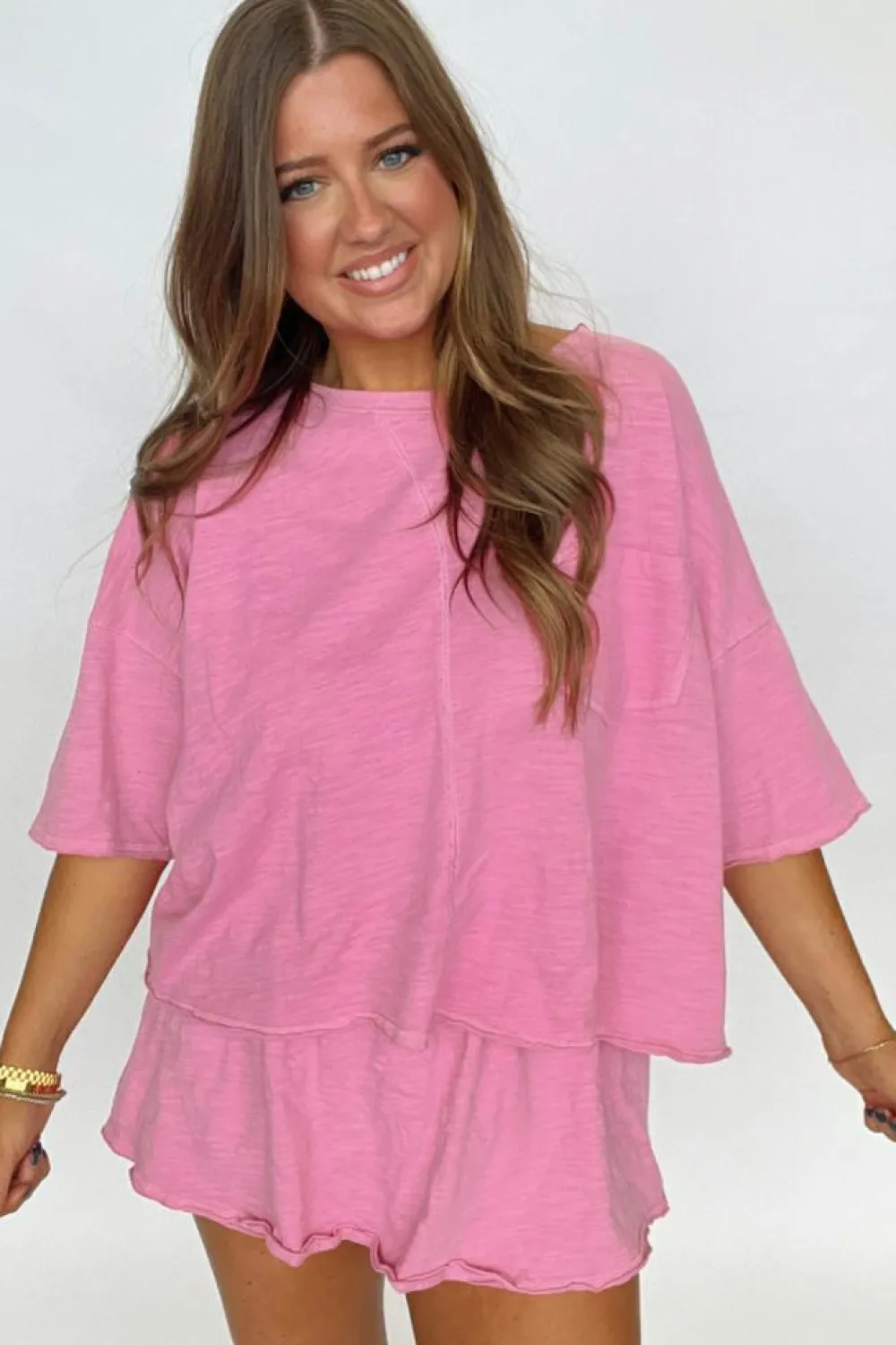 Hot Dear-Lover Loose Fit Half Sleeve T Shirt and High Waist Skirt Set Sachet Pink