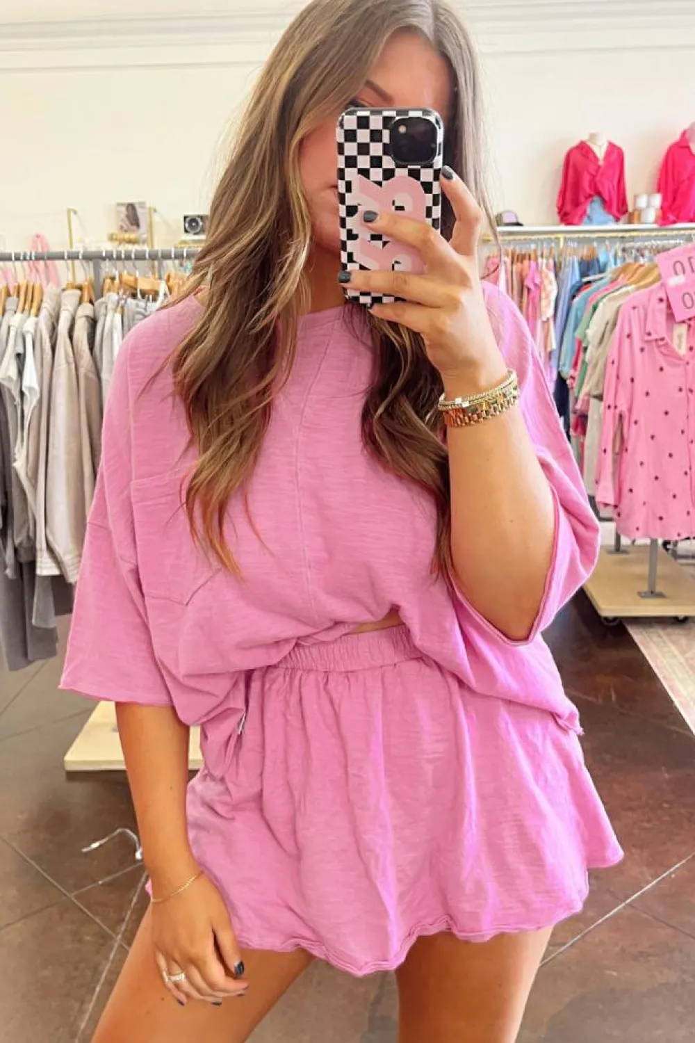 Hot Dear-Lover Loose Fit Half Sleeve T Shirt and High Waist Skirt Set Sachet Pink