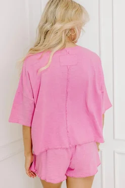 Hot Dear-Lover Loose Fit Half Sleeve T Shirt and High Waist Skirt Set Sachet Pink