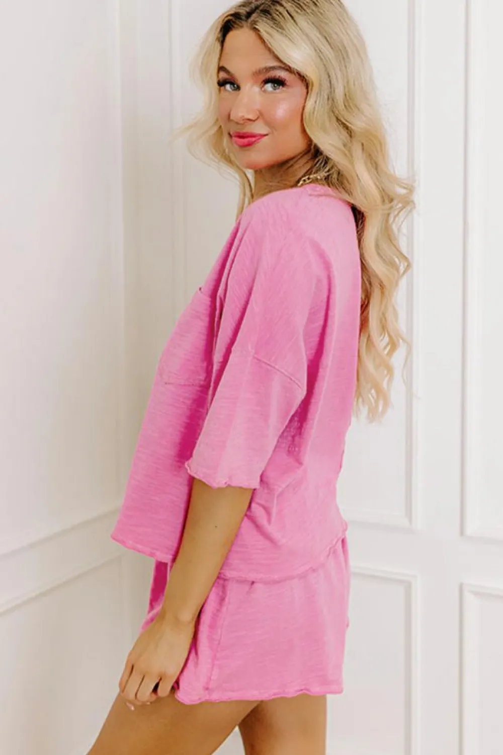 Hot Dear-Lover Loose Fit Half Sleeve T Shirt and High Waist Skirt Set Sachet Pink
