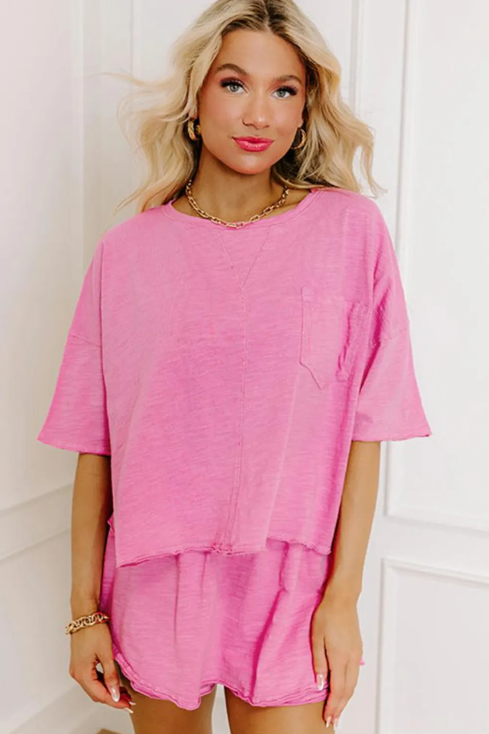 Hot Dear-Lover Loose Fit Half Sleeve T Shirt and High Waist Skirt Set Sachet Pink